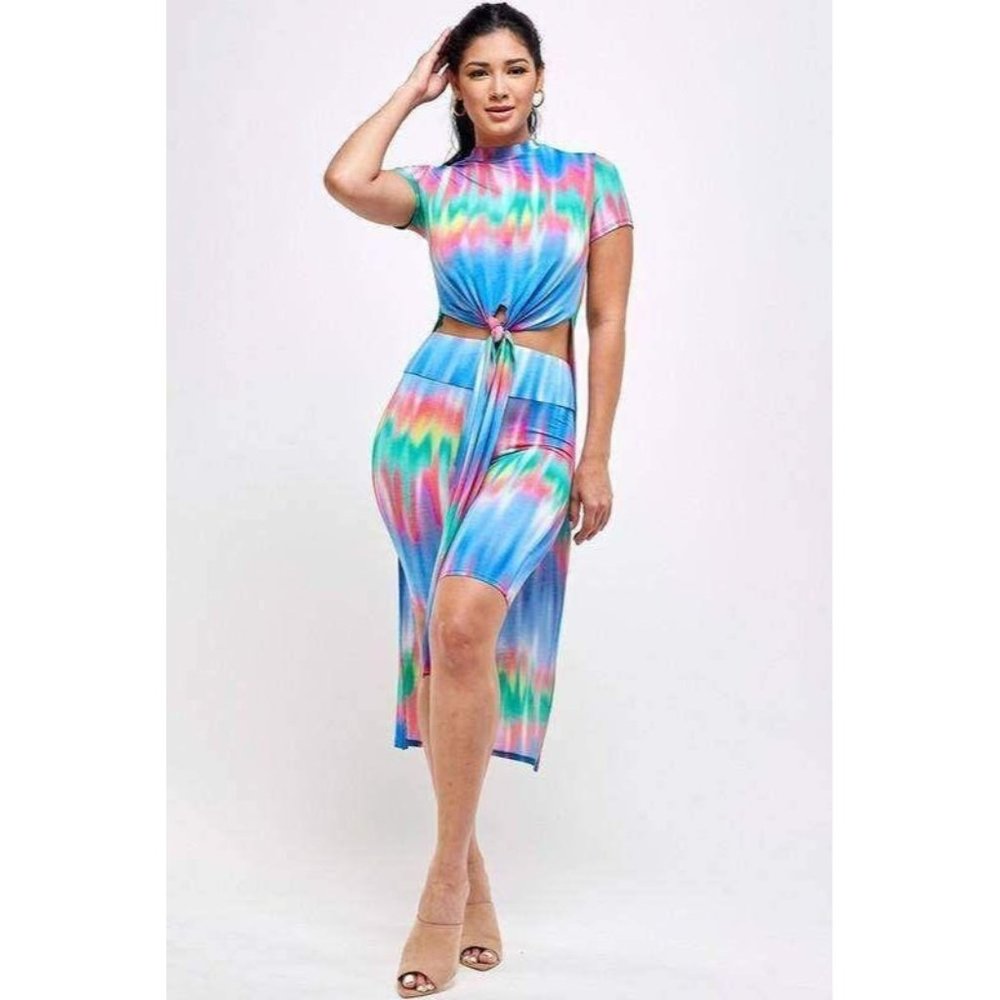 Multicolored Front Tie Tunic & Biker Short Set